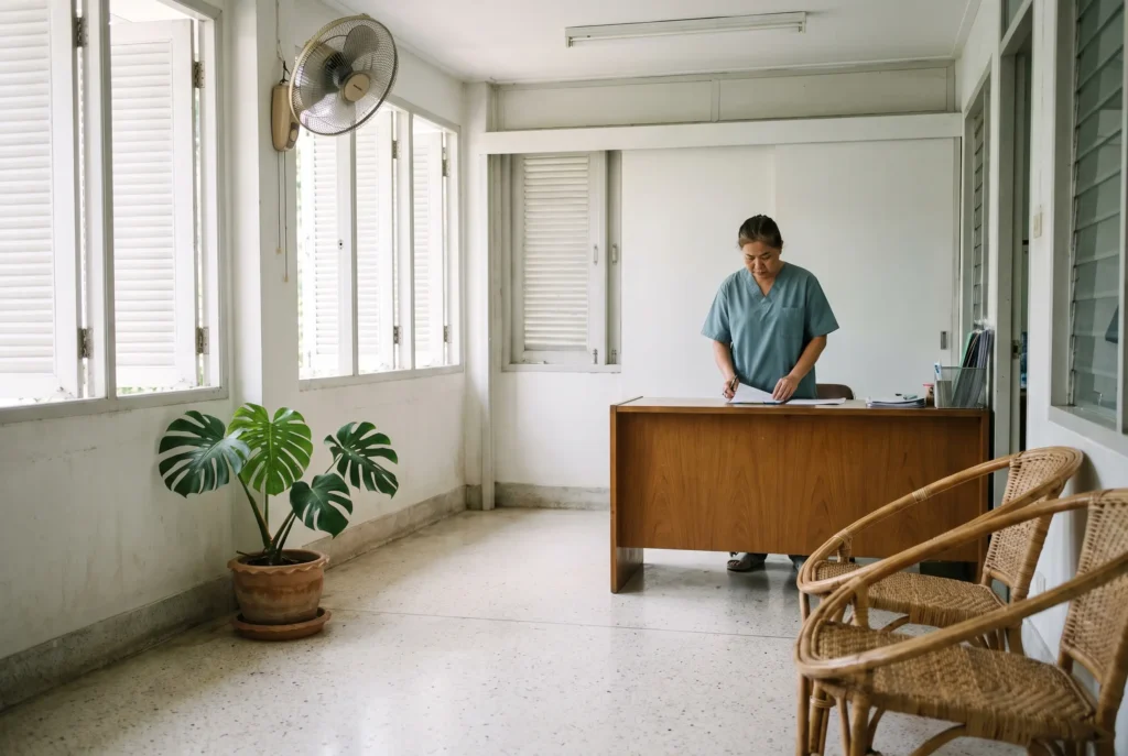 Reception at Takecare Clinic Railay, with a nurse at the timber counter and daylight through louvred windows