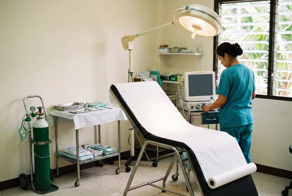 A treatment room at the Railay clinic prepared for an urgent case, with oxygen, a monitor and an instrument trolley
