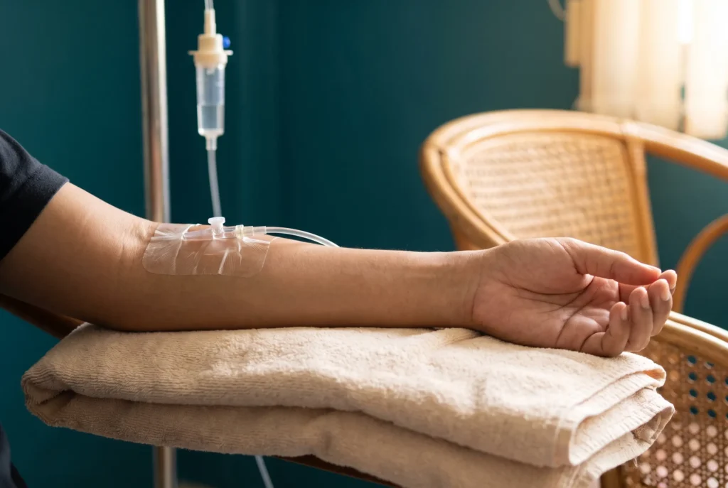 An intravenous drip running into a cannula taped to a patient's forearm at the Railay clinic