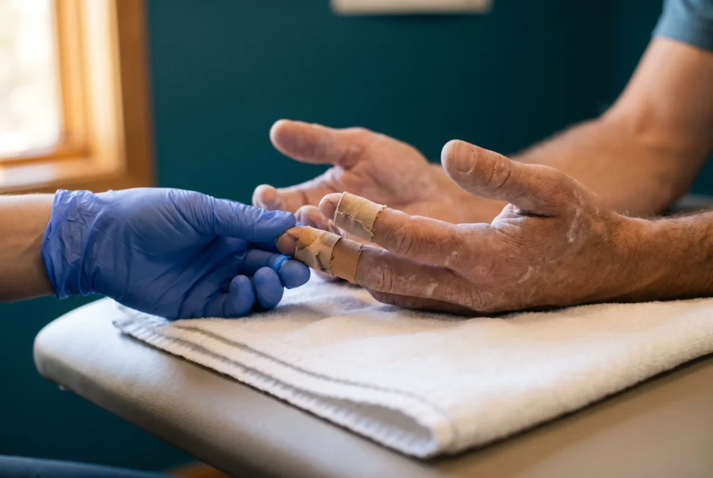 A climber's chalky taped fingers being examined on a clinic table at Takecare Clinic Railay