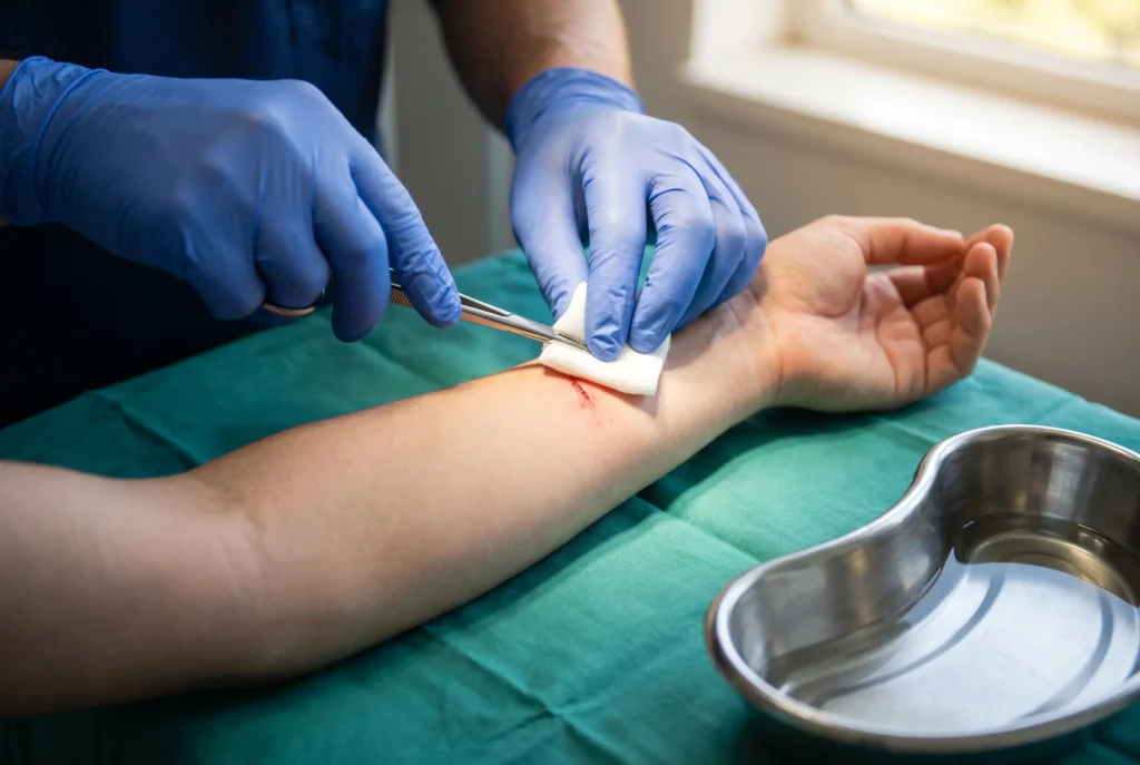 Gloved hands cleaning a graze on a forearm with sterile gauze and saline at the Railay clinic