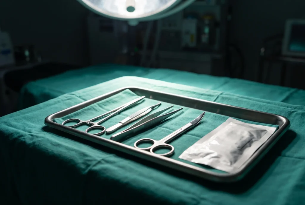 A sterile instrument tray laid out for a minor procedure, with needle holders, forceps and suture material
