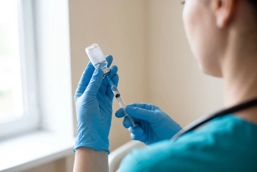 A nurse drawing a vaccine from a glass vial into a syringe at Takecare Clinic Railay