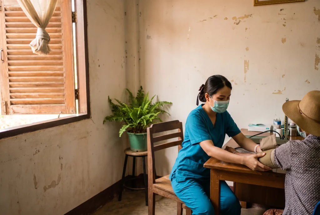 A nurse fitting a blood pressure cuff to a patient's arm during a consultation at the Railay clinic