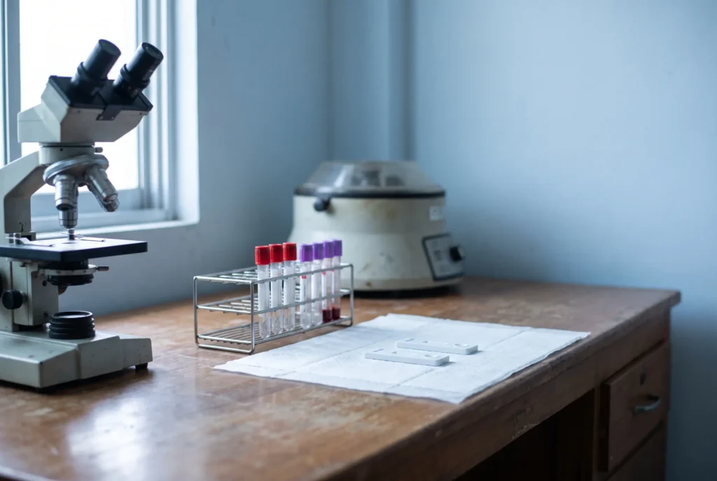 The laboratory bench at Takecare Clinic Railay, with a microscope, blood tubes and rapid test cassettes