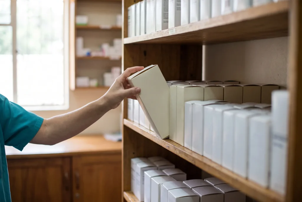 A nurse taking a box of medication from the dispensary shelves at the Railay clinic