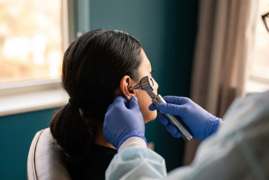 An ear being examined with an otoscope at Takecare Clinic Railay, a common problem after days of swimming